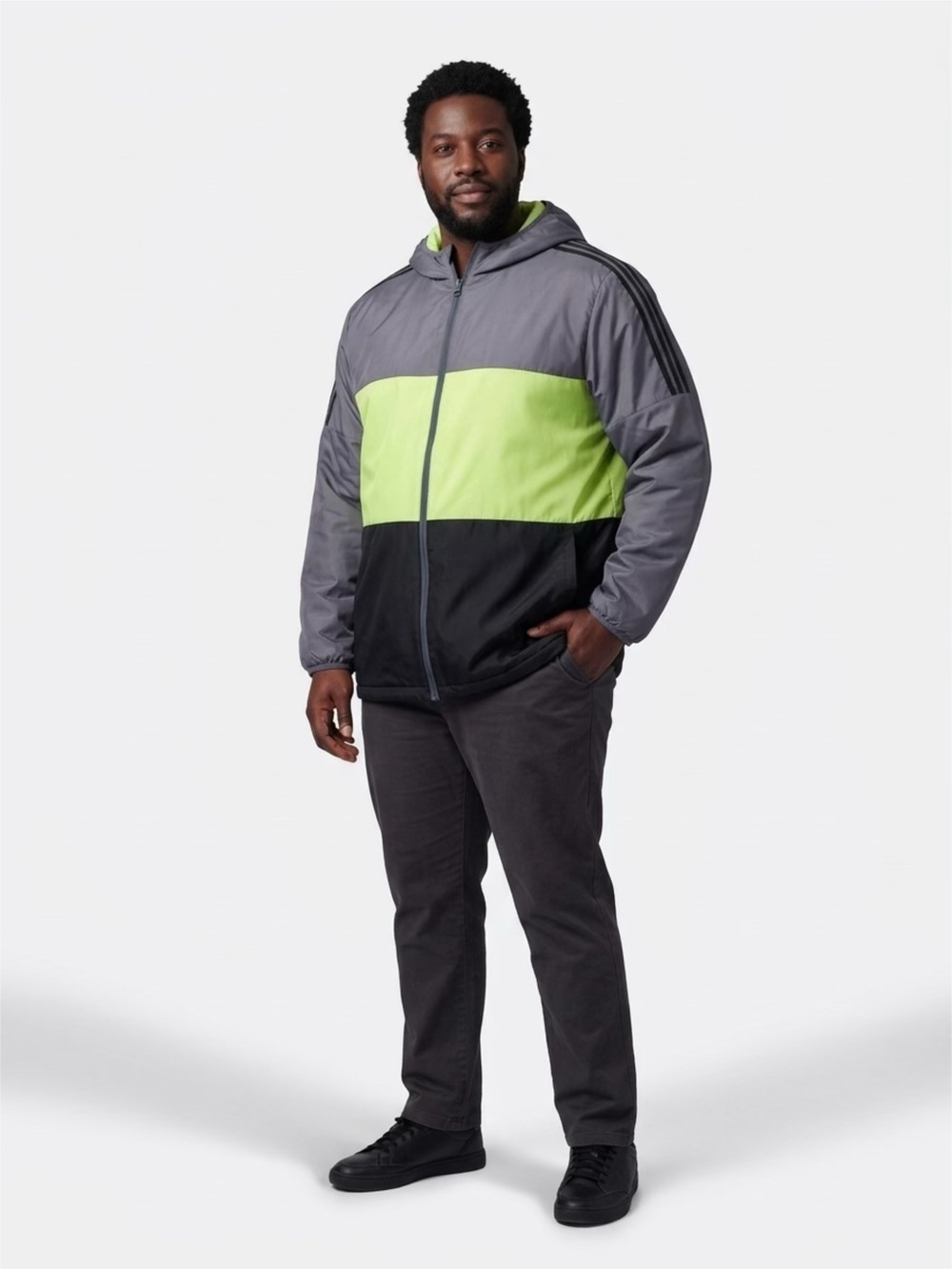 adidas Hooded Colorblock Windbreaker in Gray, Neon Green & Black